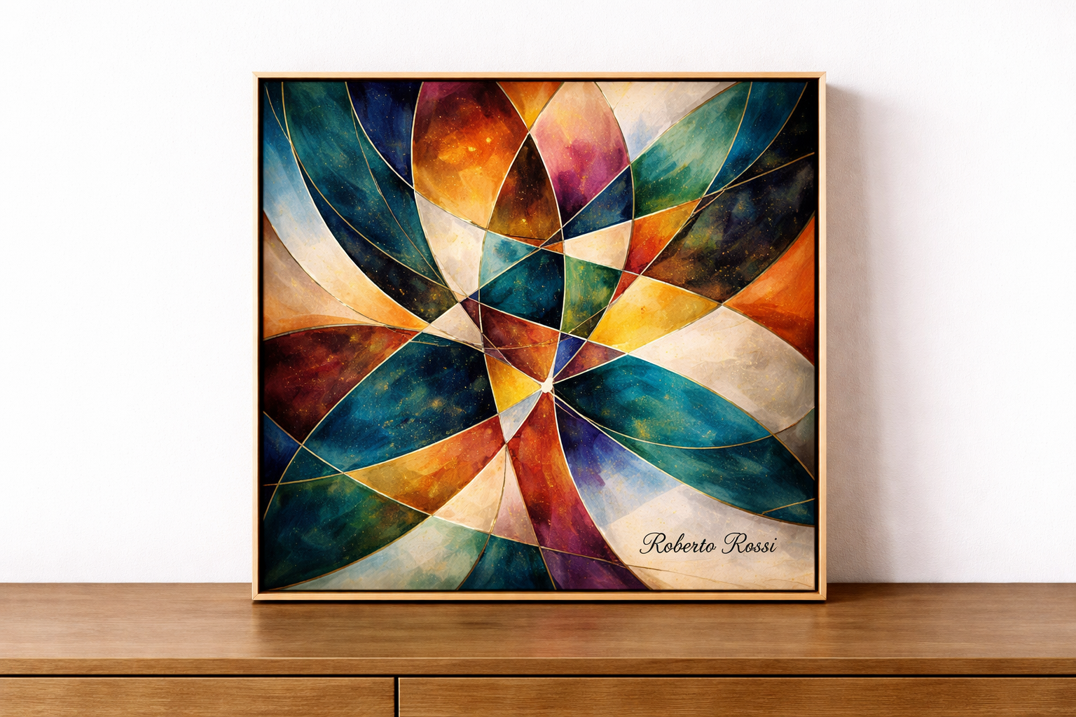 Abstract geometric art on sideboard