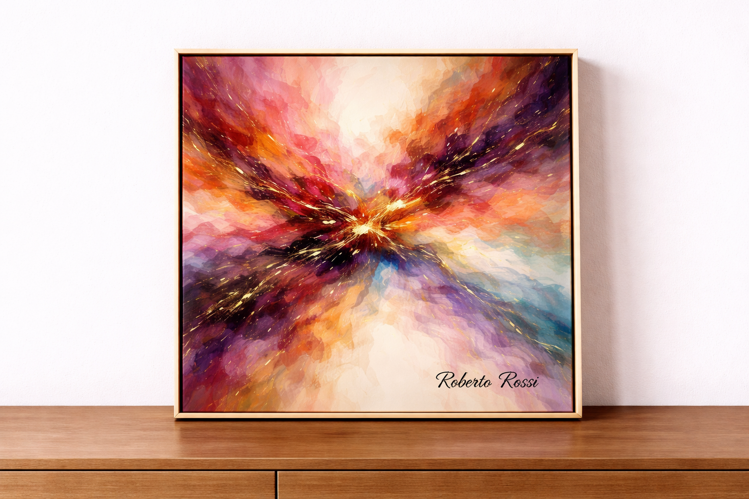 Vibrant artwork on wooden sideboard