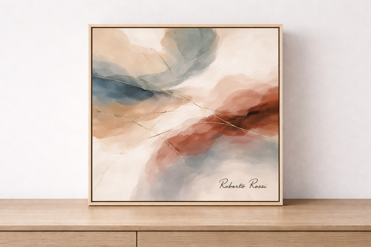 Framed abstract art on wooden sideboard