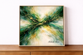 Abstract painting with swirling greens and gold