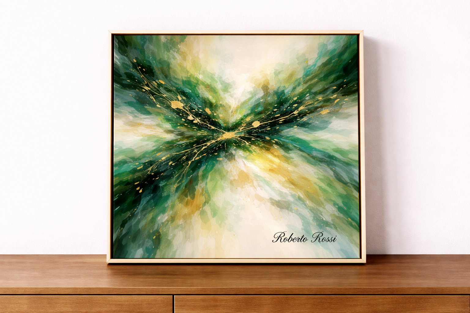 Abstract painting with swirling greens and gold