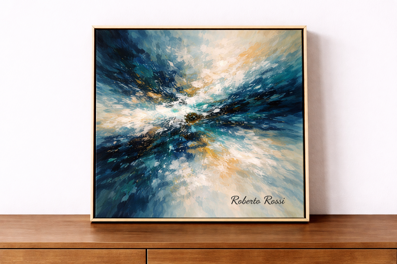 Abstract energy on a wooden sideboard