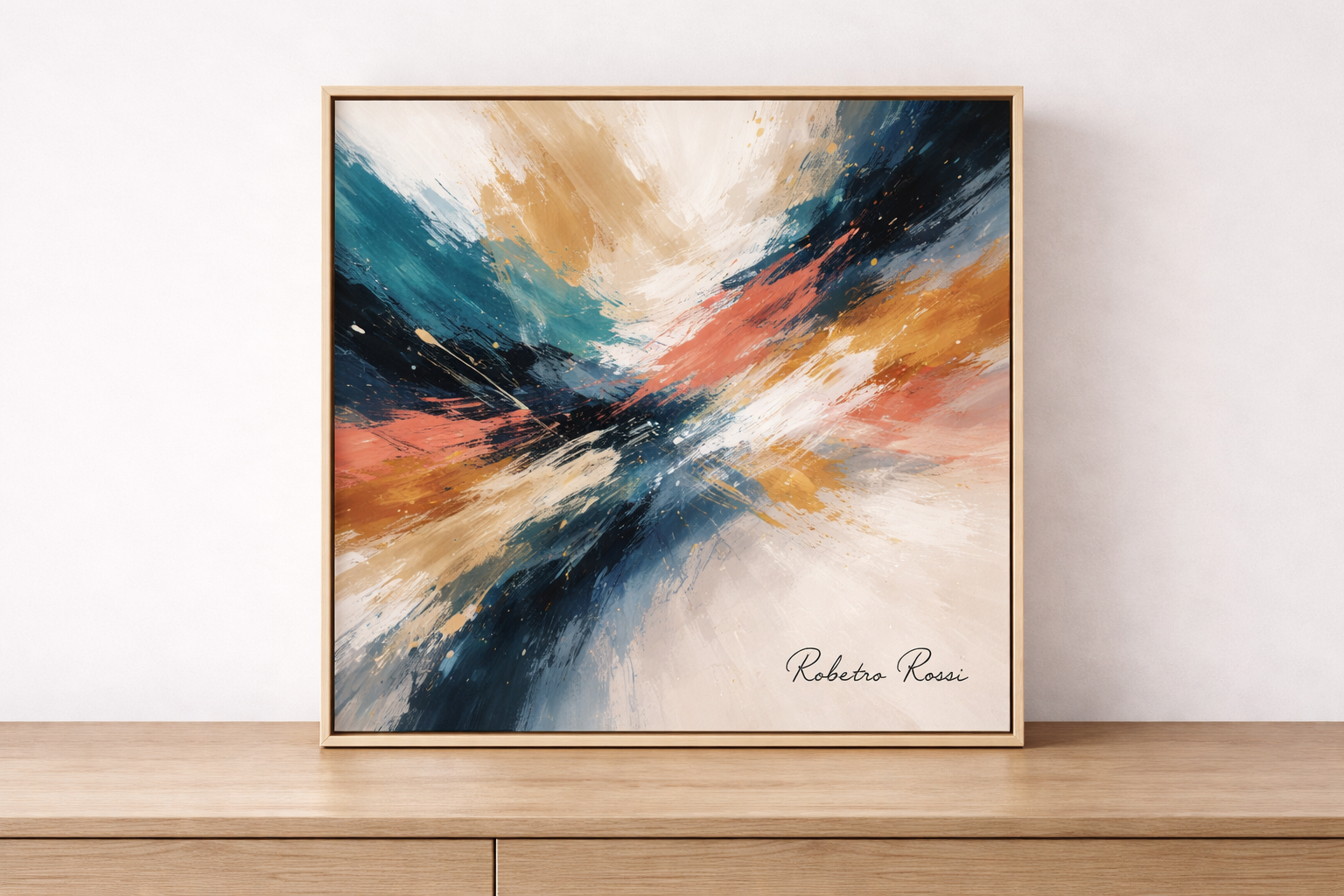 Abstract painting on light sideboard