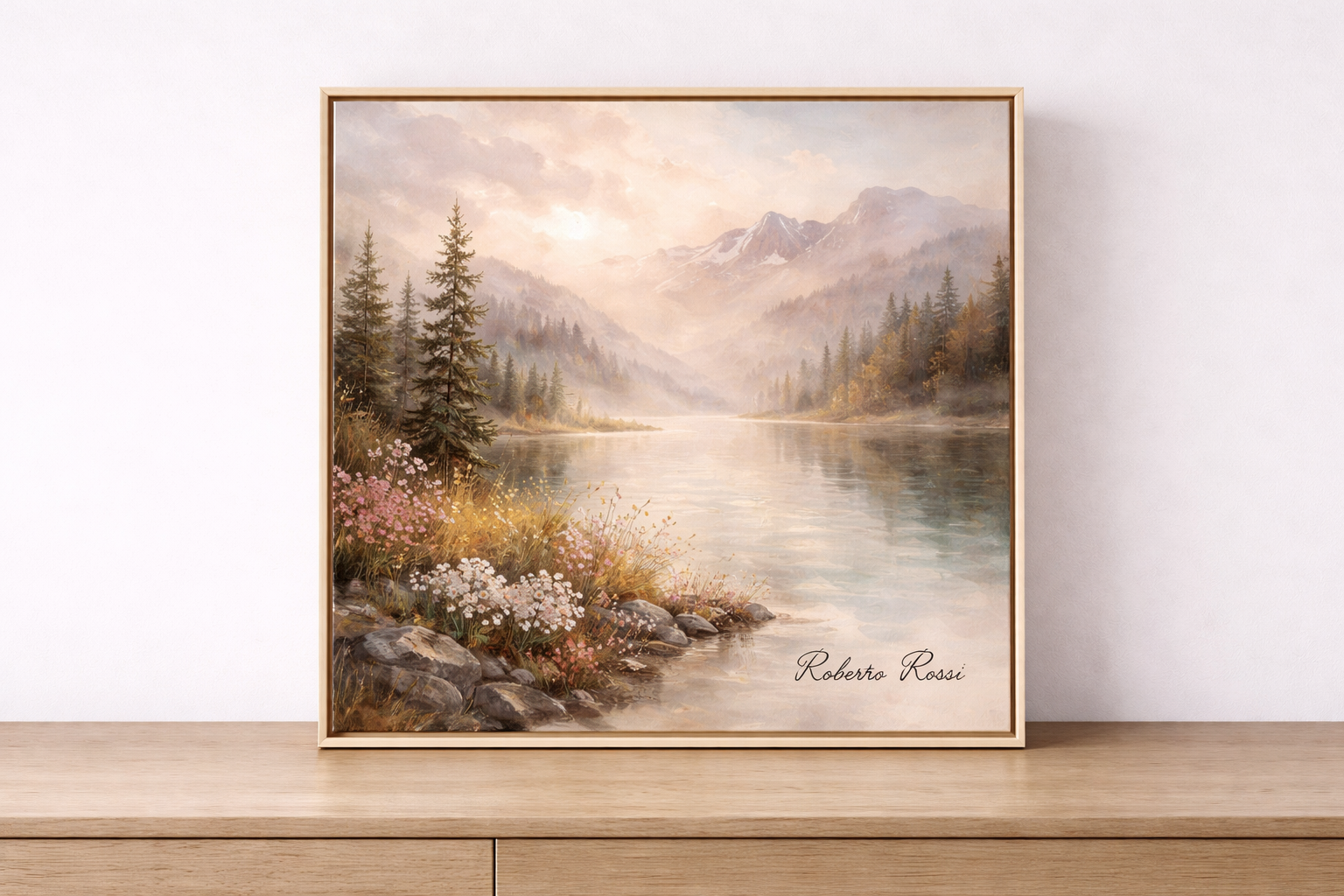 Serene landscape with misty mountains