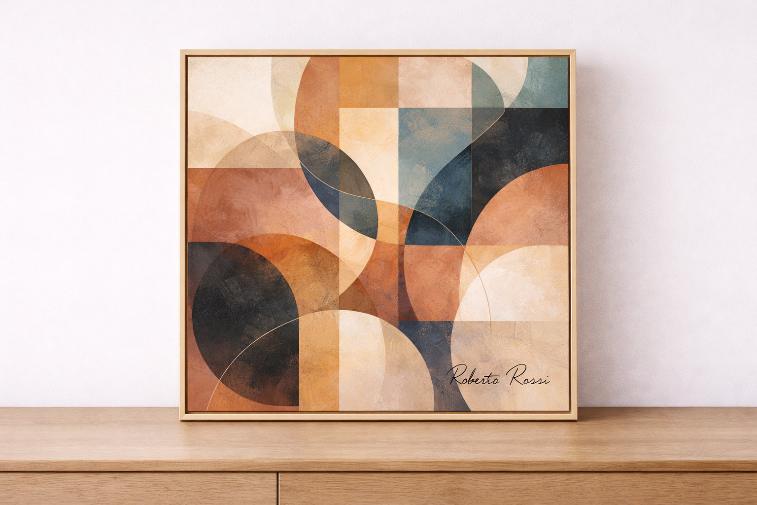 Abstract geometric art on wooden surface